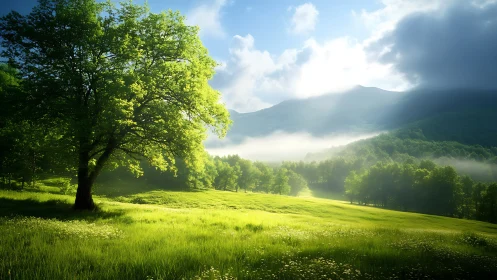 Photorealistic pastoral meadow with luminous backlit tree.
