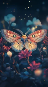 Glowing night garden moth with softly shimmering wings.