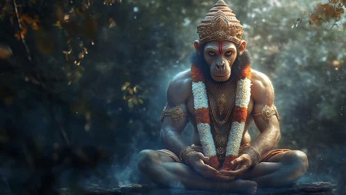 Forest monk monkey-god in meditative golden stillness.