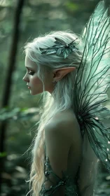 Forest fairy in soft green light, lost in quiet thought.