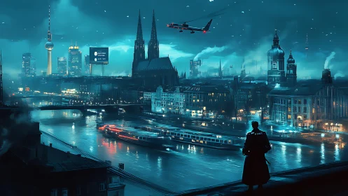 Neo-noir river city skyline under teal cyberpunk haze.