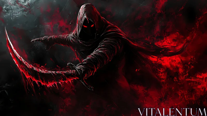 Shadowed reaper sweeps forward with a blazing crimson scythe
