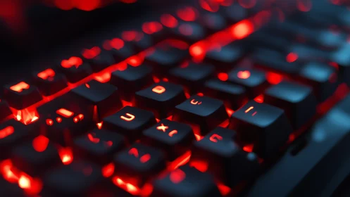 Photoreal mechanical keyboard with crimson backlit keyscape.