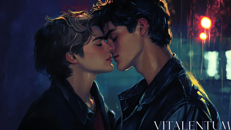 Two Male Figures in Rain-Soaked Urban Neon Setting, Digital Illustration