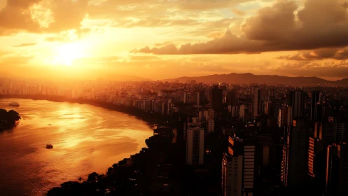 Golden sunset over dense coastal city skyline and river