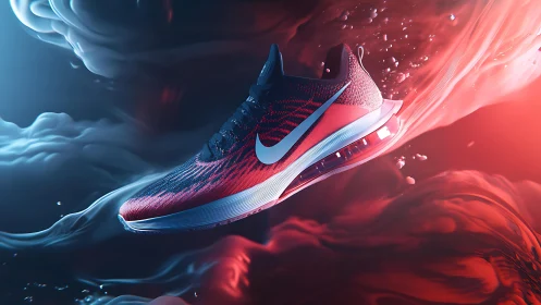 Red and blue athletic sneaker in dynamic fluid scene.