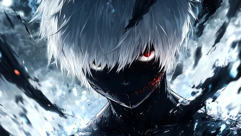 White-haired masked figure with red eyes in dynamic burst.