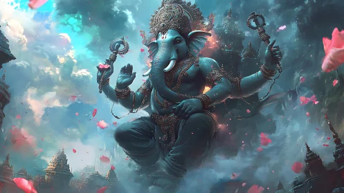 Mythic elephant-headed deity levitating over misted temple city