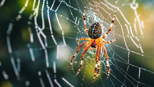 Macro backlit orb-weaver spider on dew-covered radial web