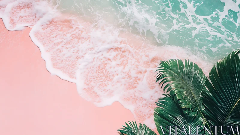 Pink shoreline with turquoise surf and palm leaves.