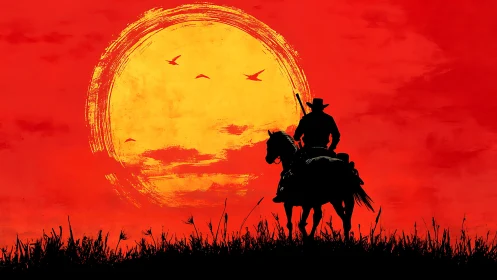 Silhouetted cowboy on horseback against oversized textured sun.