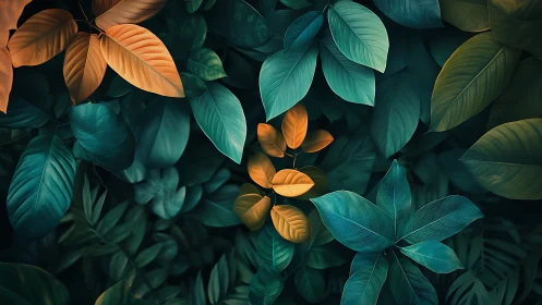 Digital foliage pattern with teal and amber tropical leaves.