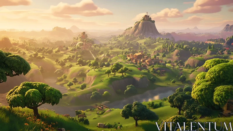 Sunlit game valley dreaming beneath storybook hills.