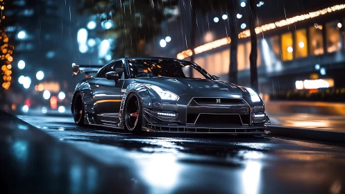 Midnight skyline street racer glowing in city rainstorm.