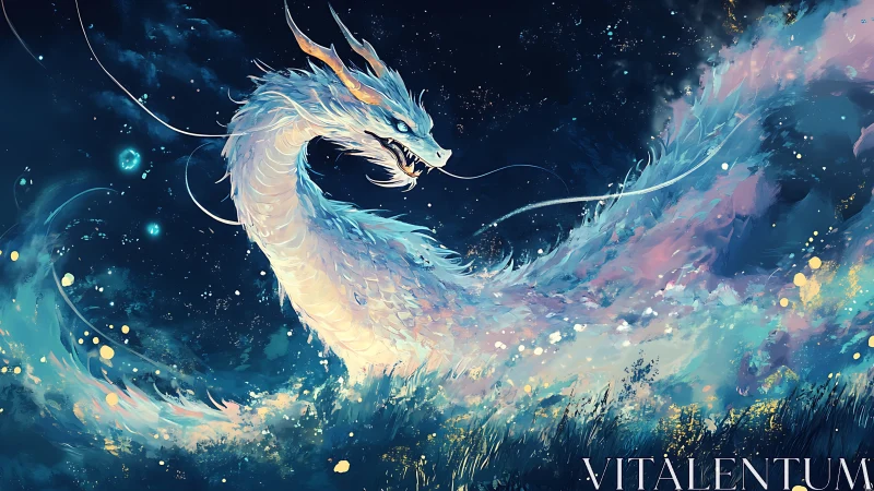 Celestial water dragon coils through a luminous night sky
