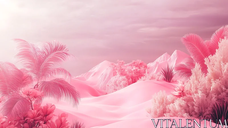 Dreamy pink desert oasis glows softly under a hazy sky