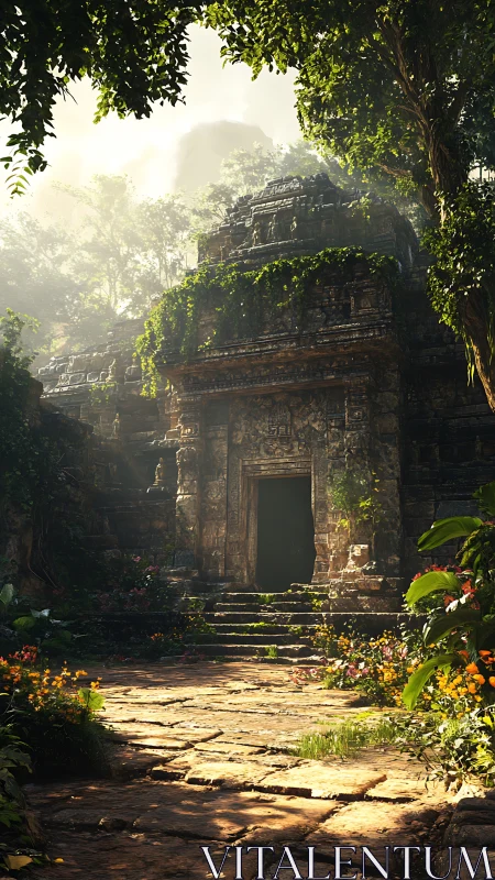 Sunlit jungle temple doorway inviting quiet exploration.