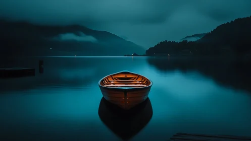 Isolated wooden rowboat illuminated on calm nocturnal mountain lake