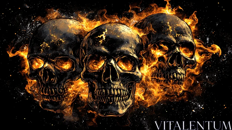 Digital painting of three flaming skulls on black void background.