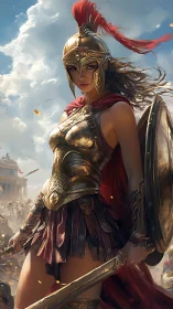 Hoplite commander in ornate bronze panoply amidst battlefield.