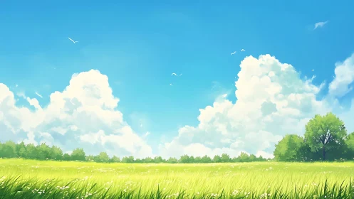 Vast summer meadow extends under towering cumulus clouds