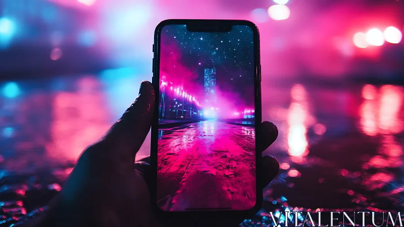 Smartphone portal framing neon nocturnal waterfront reflections.