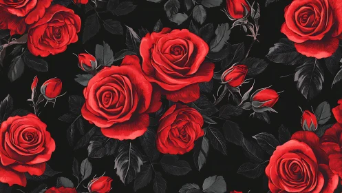 Vibrant Red Roses on Black Background Pattern.