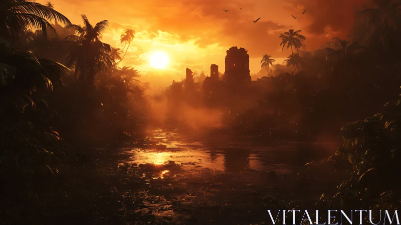 Sunlit jungle river with misty temple silhouette at dusk.