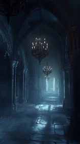 Gothic nave corridor with chandeliers in cold volumetric moonlight.