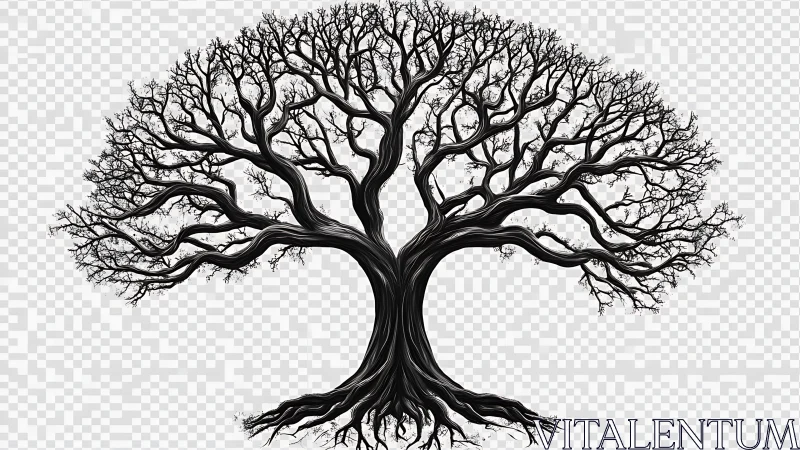 Intricate leafless tree silhouette spreads branching canopy.