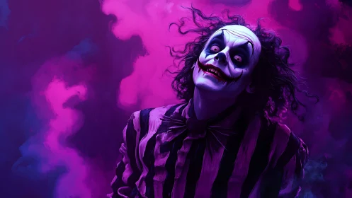 Clown-faced figure stares forward in striped suit and smoke