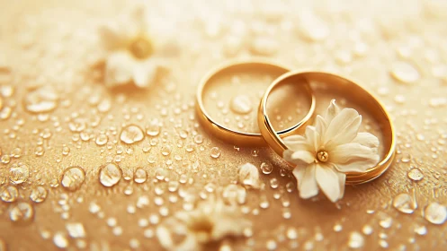 Golden wedding rings resting softly among dewdrop sparkles.