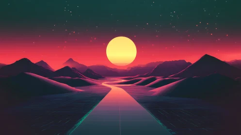 Neon horizon with solar disc over synthwave grid valley