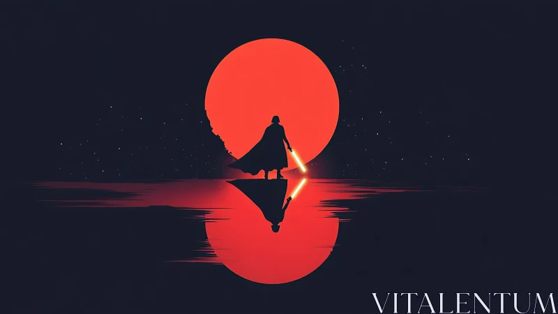 Dark warrior silhouettes against red eclipse reflection.