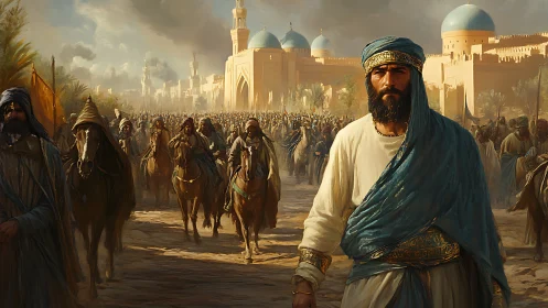 Bearded leader heads mounted procession near domed city walls