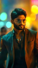 Chromatic bokeh-lit portrait of suited man in urban nightfield.