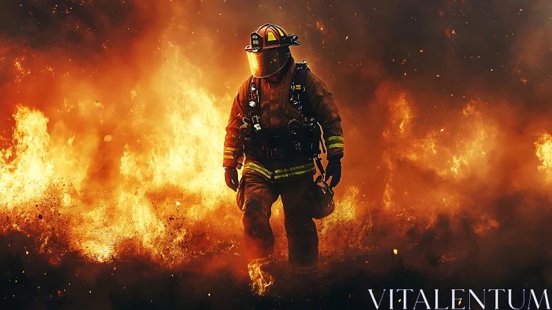 Firefighter Emerges from Intense Blaze in Full Protective Gear.