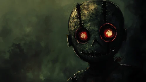 Stitched doll silhouette stares with burning red eyes