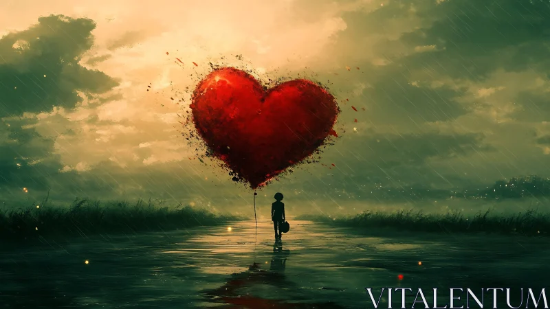 Silhouetted figure holding red heart form above water.
