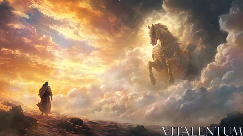 Radiant storm sky reveals armored celestial horse confronting traveler