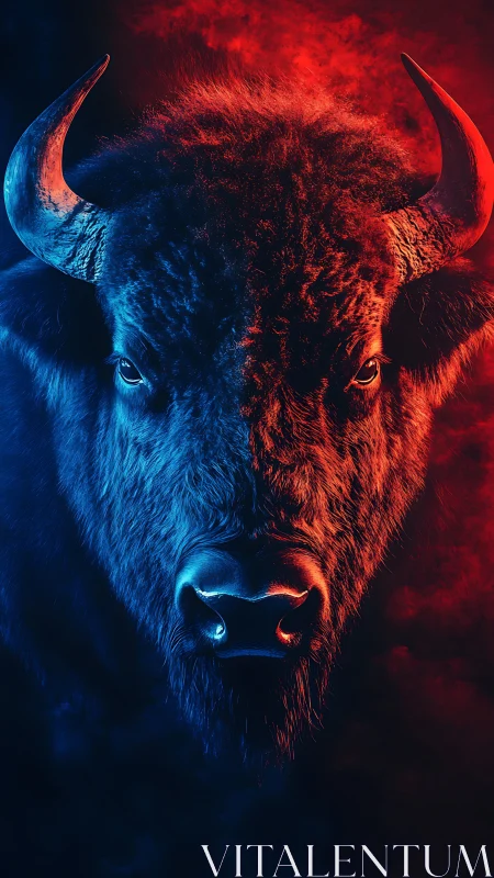 Bison portrait split by red and blue neon rim lighting