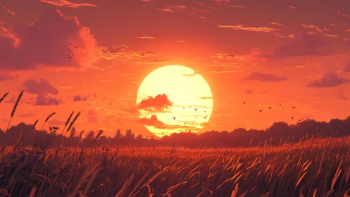 Fiery sunset dominates wheat field under glowing sky