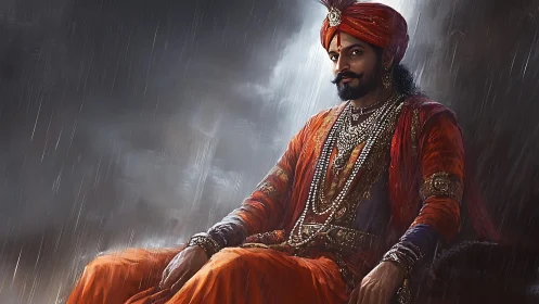 Regal warrior prince seated in rain with ornate jewelry.