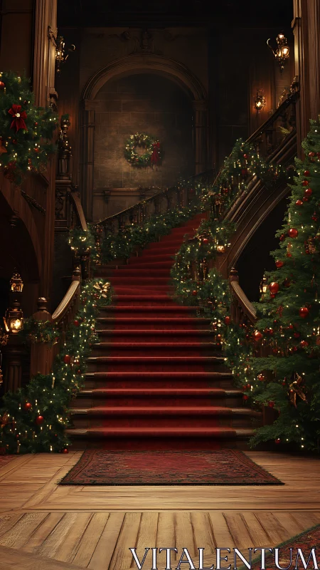 Grand Victorian staircase adorned with rich Christmas garlands