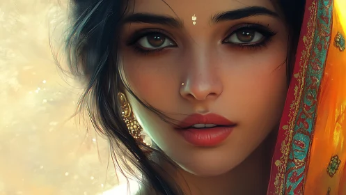 Digital portrait of woman in sari with detailed ornaments.