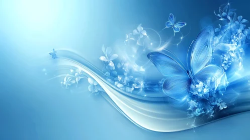Ethereal blue butterflies and floral waves in digital fantasy art.