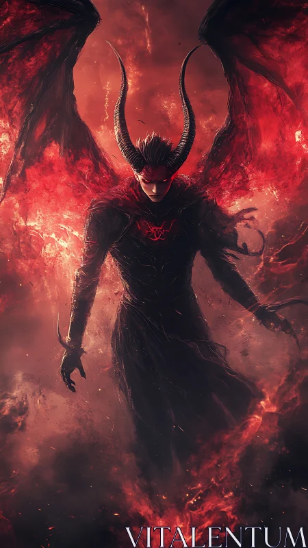 Infernal winged warlock descending through volcanic dusk.