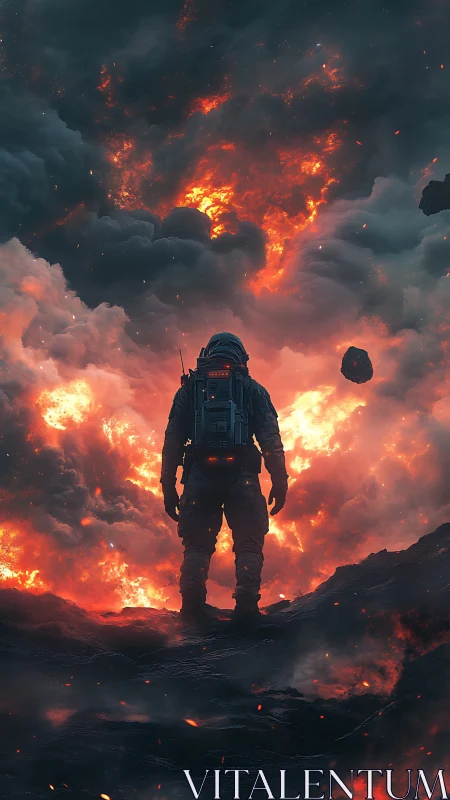 Astronaut Standing Before Massive Volcanic Explosion