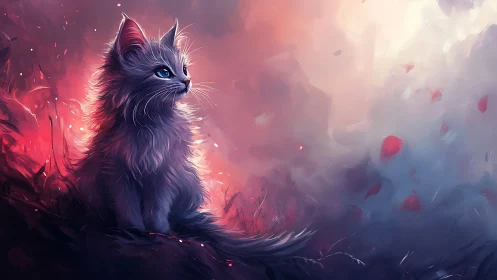 Ethereal Blue Cat in Neon Pink and Red Aurora.
