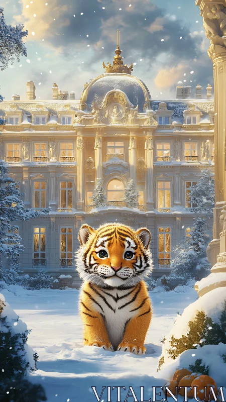 Snowy baroque palace frames curious baby tiger cub